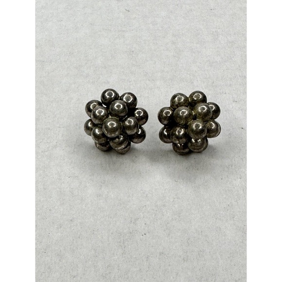 Vintage Sterling Silver Ball Earrings Signed MR Mexico Cluster Modernist 925 - Picture 2 of 16